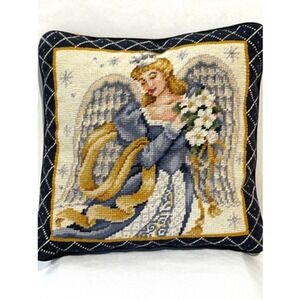 Vintage Angel Needlepoint Throw Pillow Navy Metallic Stars 13" Celestial heaven